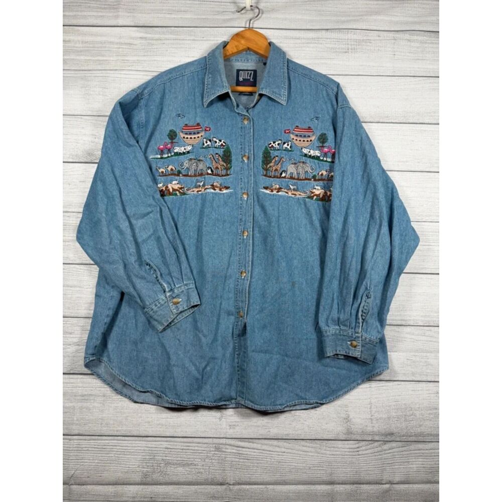 Vintage Quizz Woman 22 Noah’s Ark Embroidered Denim Button Shirt 4130